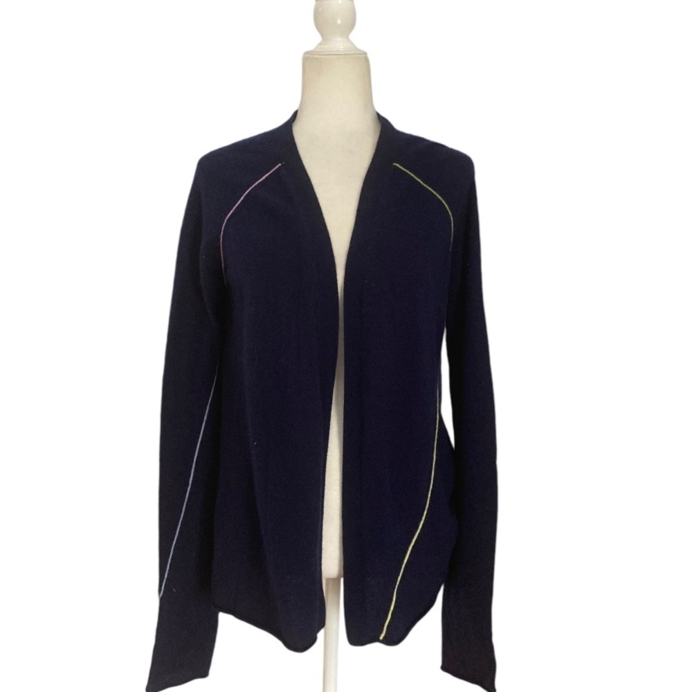 InCashmere Cashmere Open Front Cardigan Sweater in Blue with Contrast Trim